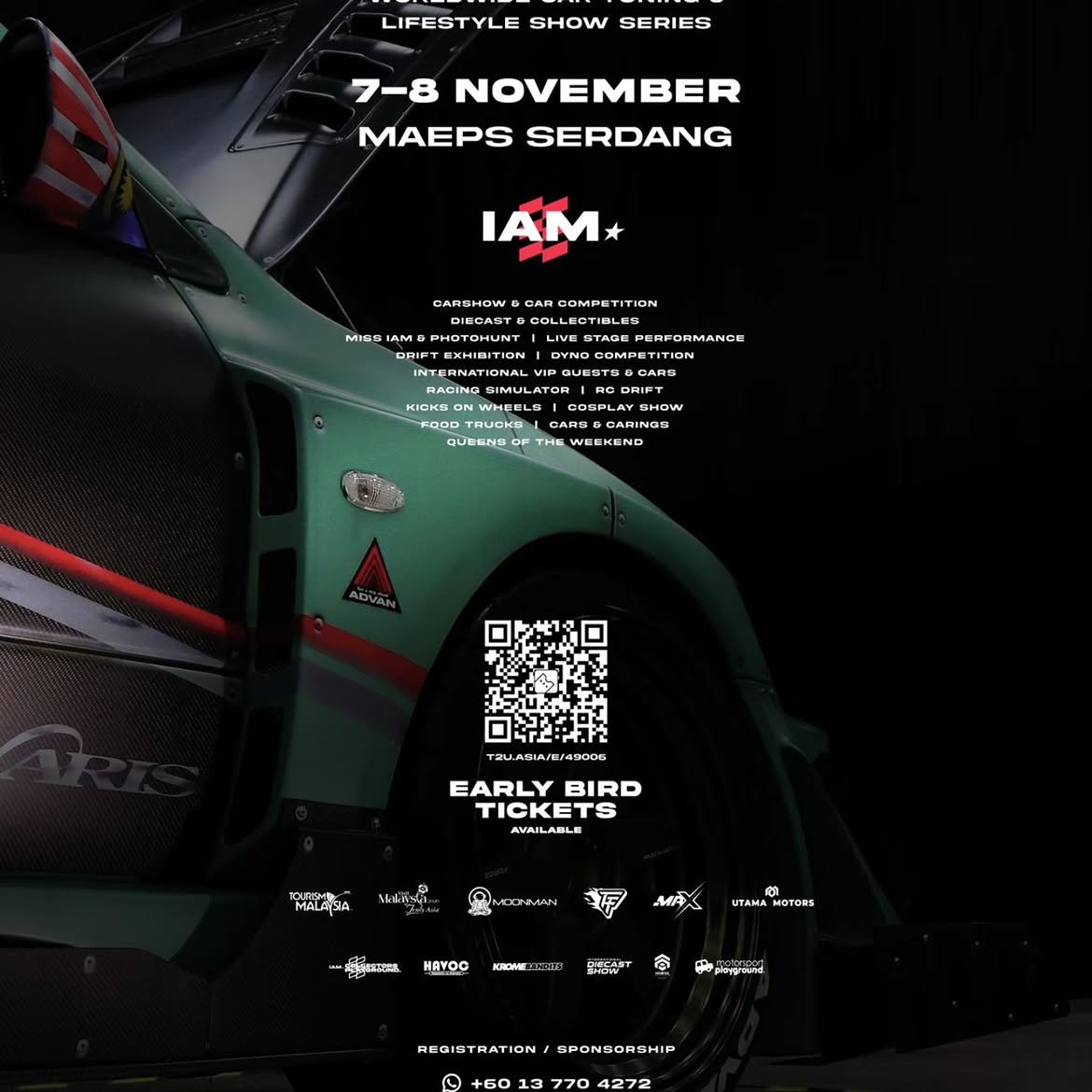 Promotional poster for International Automodified Malaysia 2026 at MAEPS Serdang on 7–8 November, featuring modified cars, car competitions, live performances, VIP vehicles, racing simulators, RC drift, food trucks, and early bird tickets